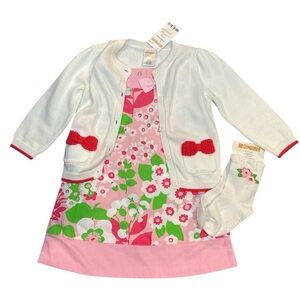 Gymboree Pink Floral Dress with White Cardigan and Socks